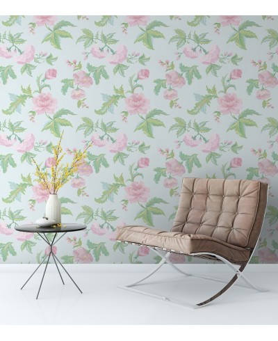 Papel de parede floral vintage verde e rosa com fundo azul Papel de parede floral vintage verde e rosa com fundo azul