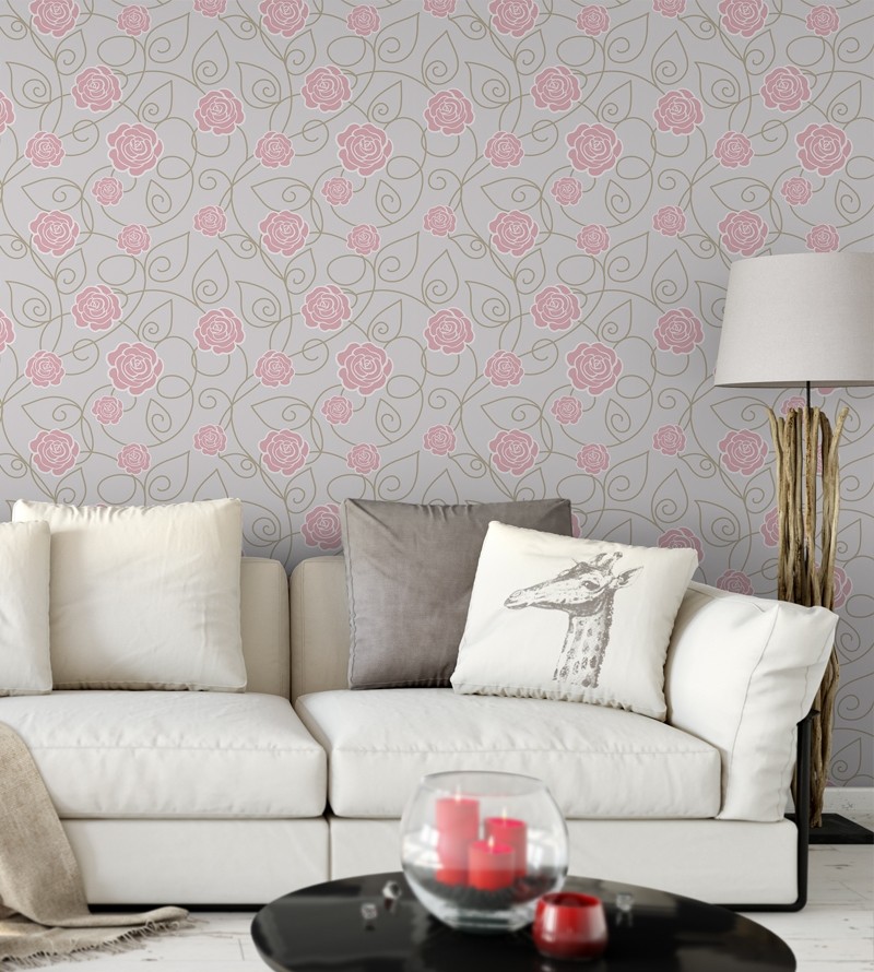 Papel de parede arranjo floral rosa com fundo cinza