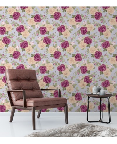 Papel de parede floral romântico bege, bordo, verde musgo e fundo cinza Papel de parede floral romântico bege, bordo, verde musgo e fundo cinza