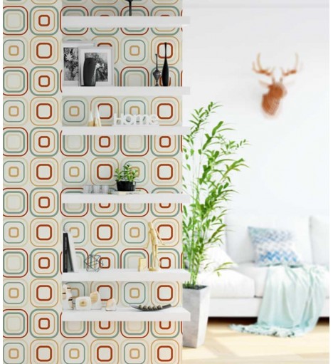 Papel de parede em tons marfim, verde, laranja e vermelho - Geométrico 19