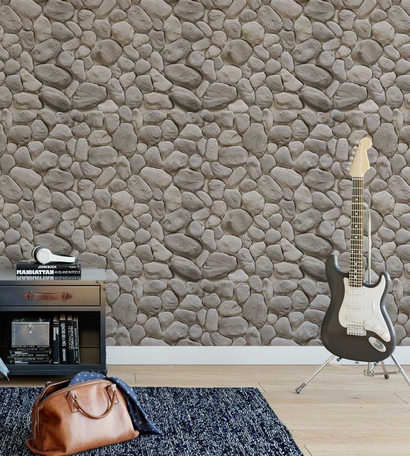 Papel de parede estilo pedras arredondadas em tons acinzentados e bege - Textura 08