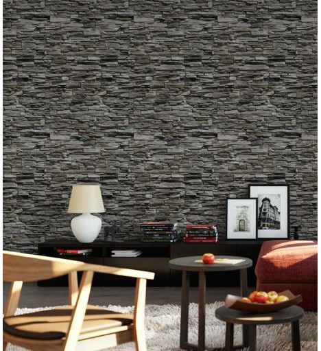 Papel de parede estilo pedra canjiquinha, com variados tons de cinza e detalhes na cor preta - Textura 37