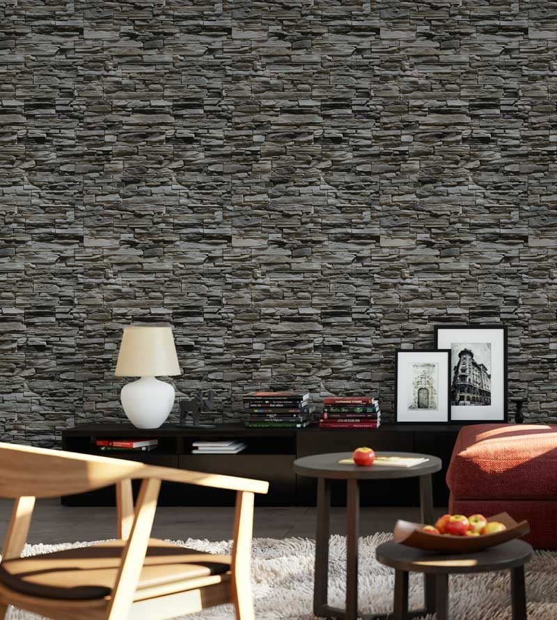 Papel de parede estilo pedra canjiquinha, com variados tons de cinza e detalhes na cor preta - Textura 37