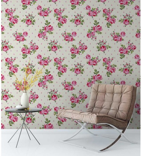 Papel de parede floral com detalhes em tons de verde e flores rosas e tons de pink - Condessa 01