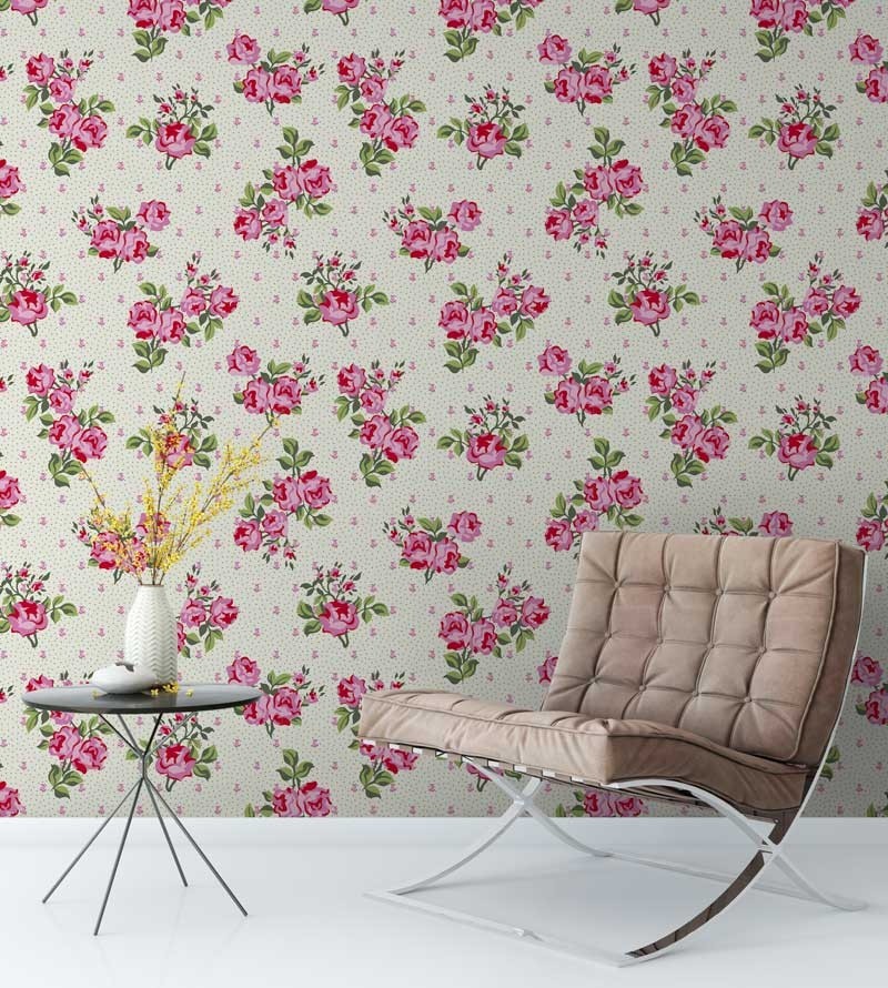 Papel de parede floral com detalhes em tons de verde e flores rosas e tons de pink - Condessa 01