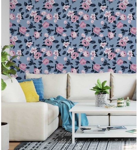 Papel de parede floral com detalhes em tons de azul, com detalhes em branco e rosa - Condessa 17