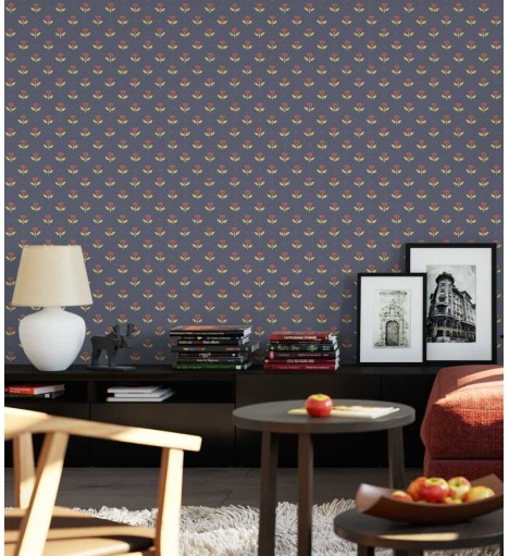 Papel de parede floral tons de cinza e flores em carmim e folhagem nude - Condessa 26