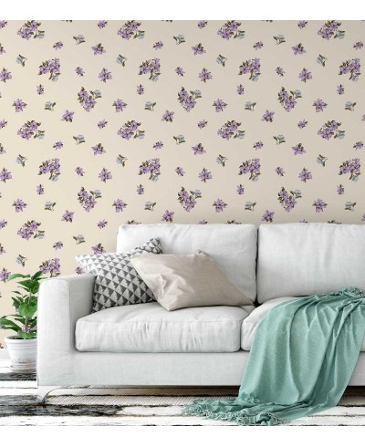 Papel de parede floral tons nude, flores roxas com galhos em verde musgo, tons de azul - Encanto 01 Papel de parede floral tons nude, flores roxas com galhos em verde musgo, tons de azul - Encanto 01