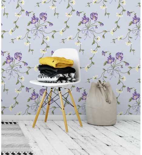 Papel de parede floral tons claros de azul, branco e amarela, folhagem em verde musgo e fundo roxo - Encanto 08