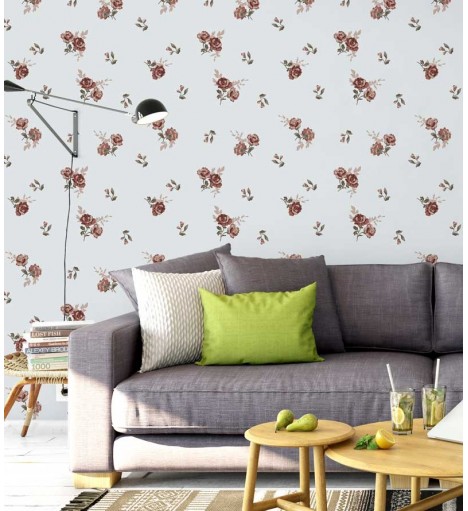 Papel de parede floral com fundo cinza claro e detalhes em tons de marrom, bege e verde musgo - Encanto 20