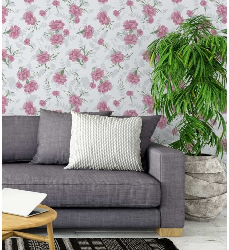 Papel de parede floral com fundo branco e detalhes cinza claro, flores em tons de rosa com galhos verdes - Encanto 21