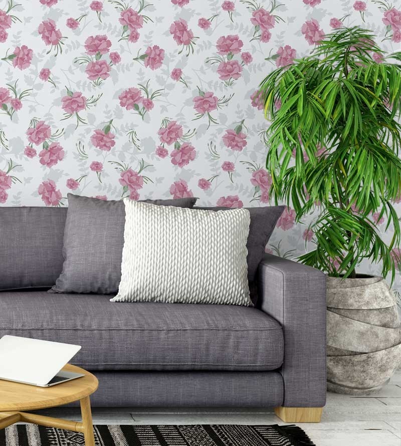 Papel de parede floral com fundo branco e detalhes cinza claro, flores em tons de rosa com galhos verdes - Encanto 21