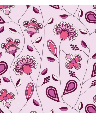 Papel de parede floral, fundo rosa claro, desenhos em tons roxo e rosa, com detalhes brancos - Glamour 16