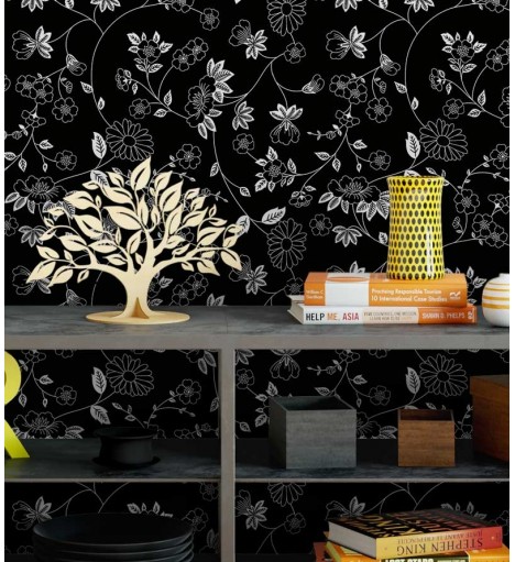 Papel de parede com estilo floral com estampa de flores brancas e fundo preto - Floral 06
