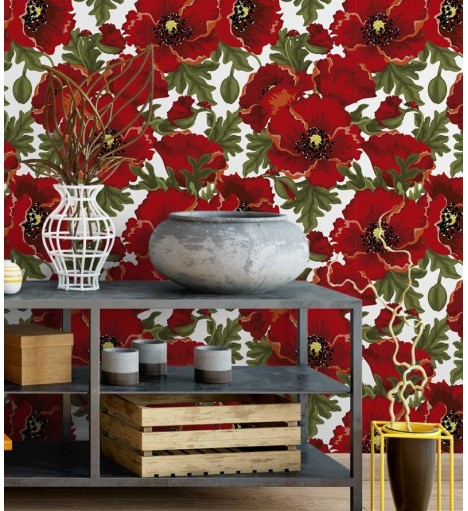 Papel de parede estilo floral, com estampa de flores vermelhas e cores verde, fundo branco - Floral 07