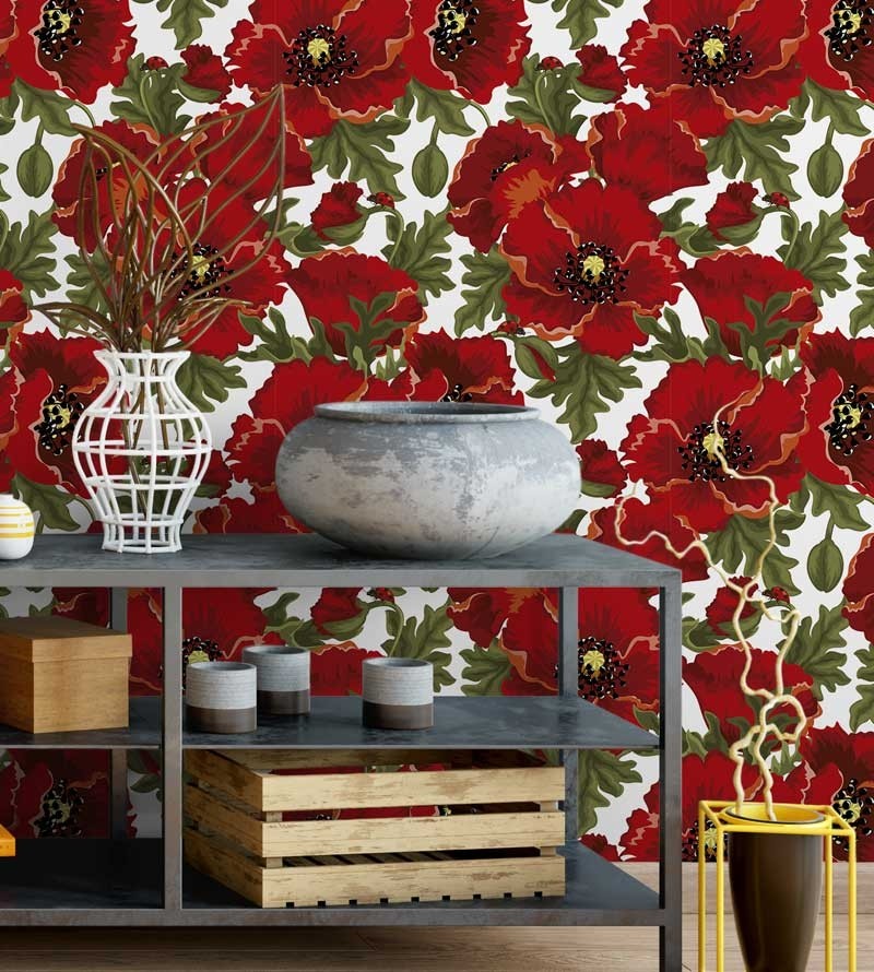 Papel de parede estilo floral, com estampa de flores vermelhas e cores verde, fundo branco - Floral 07