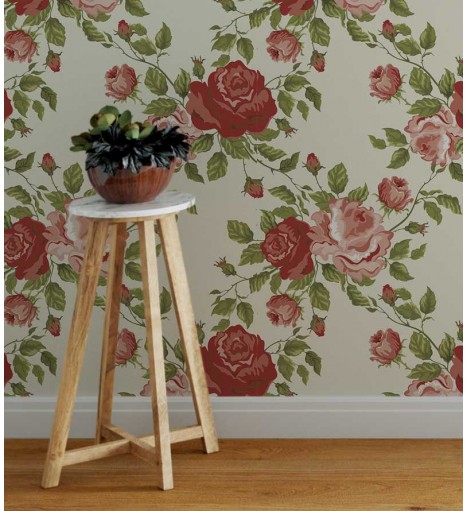 Papel de parede floral com fundo bege, flores em tons de vermelho e rosa com folhagem verde - Floral 32