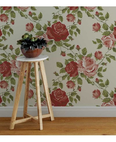 Papel de parede floral com fundo bege, flores em tons de vermelho e rosa com folhagem verde - Floral 32 Papel de parede floral com fundo bege, flores em tons de vermelho e rosa com folhagem verde - Floral 32