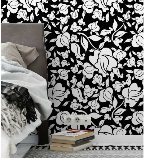 Papel de parede modelo floral, fundo preto com flores brancas - Floral 40