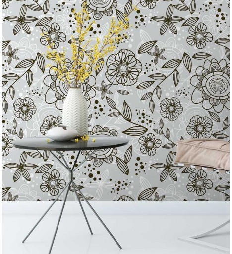 Papel de parede floral, flores marrons com fundo em desenhos em cinza e branco