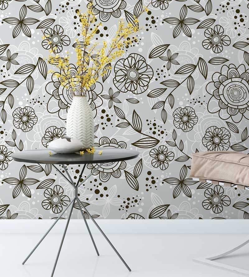 Papel de parede floral, flores marrons com fundo em desenhos em cinza e branco
