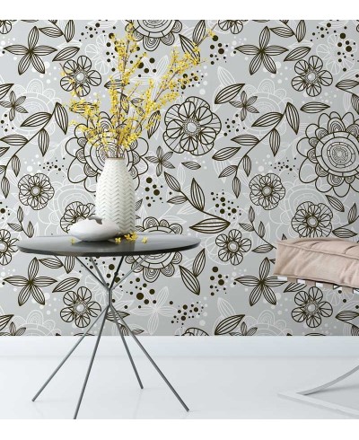 Papel de parede floral, flores marrons com fundo em desenhos em cinza e branco