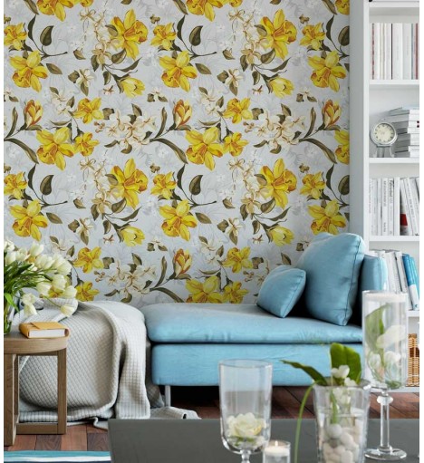 Papel de parede floral com cores rusticas, em tons de amarelo, laranja, marrom, cinza e verde com fundo cinza claro - Floral 94