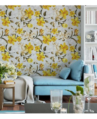 Papel de parede floral com cores rusticas, em tons de amarelo, laranja, marrom, cinza e verde com fundo cinza claro - Floral 94