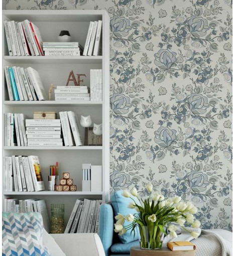 Papel de parede com fundo bege claro, e desenhos em tons de azul e cinza - Floral 95