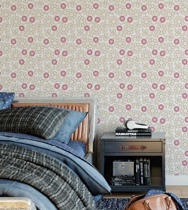 Papel de parede com fundo bege claro e desenhos em tons de rosa e bege escuro - Floral 105