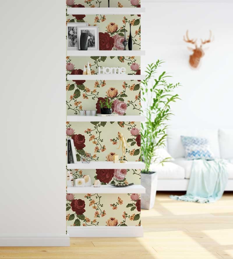 Papel de parede com flores vermelhas e rosas, folhagem verde com detalhes em laranja, fundo em tons de verde - Floral 33