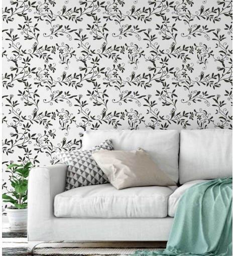 Papel de parede floral nos tons preto e cinza - Glamour 01