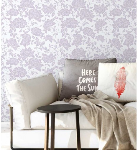 Papel de parede floral com fundo azul claro e desenhos lilas - Glamour 18