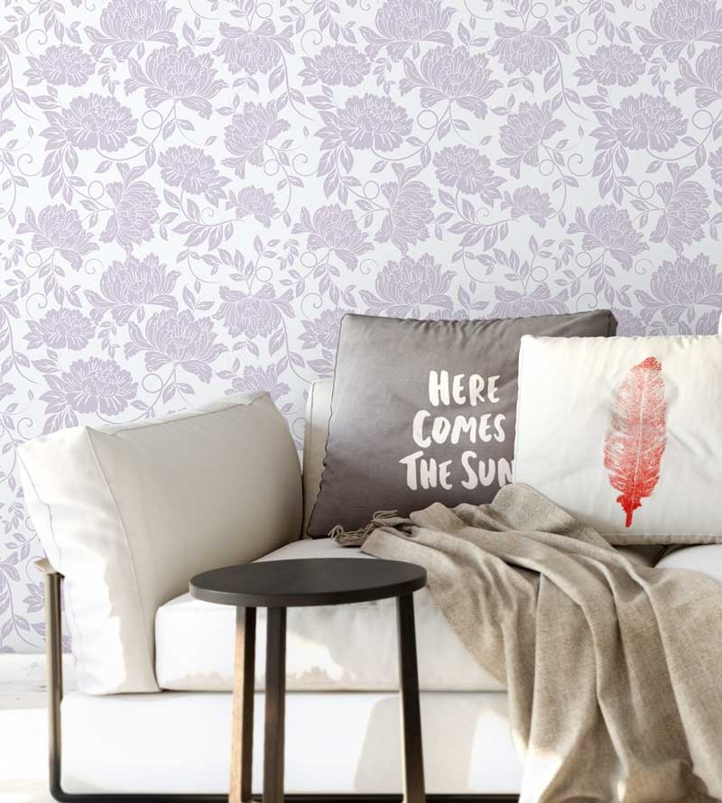 Papel de parede floral com fundo azul claro e desenhos lilas - Glamour 18