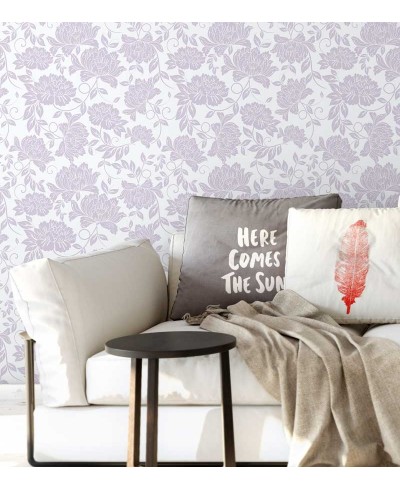 Papel de parede floral com fundo azul claro e desenhos lilas - Glamour 18