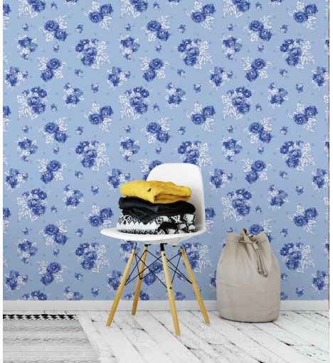 Papel de parede com flores em tons de azul marinho, folhagem em branco e azul petróleo - Luxury 05