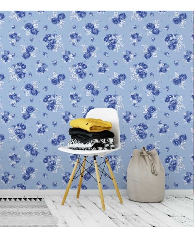 Papel de parede com flores em tons de azul marinho, folhagem em branco e azul petróleo - Luxury 05 Papel de parede com flores em tons de azul marinho, folhagem em branco e azul petróleo - Luxury 05