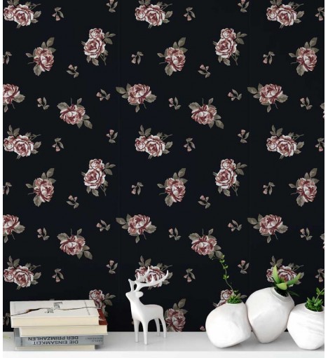 Papel de parede com flores em carmim com detalhes em vermelho desbotado, com folhagem em verde musgo - Luxury 11