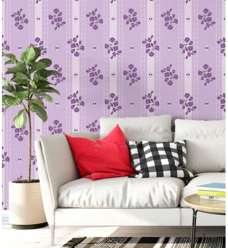 Papel de parede flores em roxo com folhagem em verde musgo, detalhes em rosa - Luxury 12