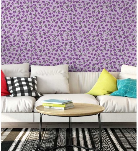 Papel de parede com flores em roxo detalhes verde musgo, fundo em rosa - Luxury 13
