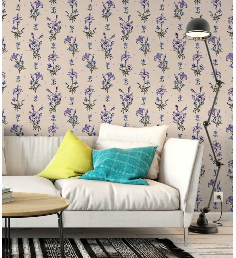 Papel de parede em tons de azul, roxo e cinza, com folhagem em marrom e cinza, fundo nude - Luxury 15