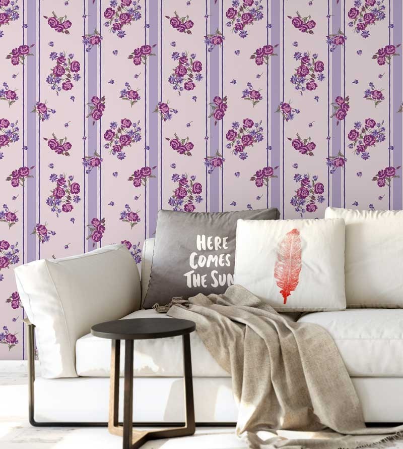 Papel de parede com folhagem em pink e detalhes em tons de roxo, fundo em rosa - Luxury 20