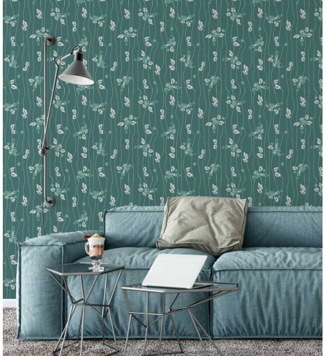 Papel de parede Floral, em detalhes brancos fundo em verde marinho e flores em tons de verde aquamarinho - Luxury 23