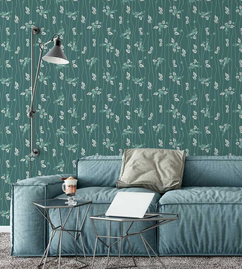 Papel de parede Floral, em detalhes brancos fundo em verde marinho e flores em tons de verde aquamarinho - Luxury 23