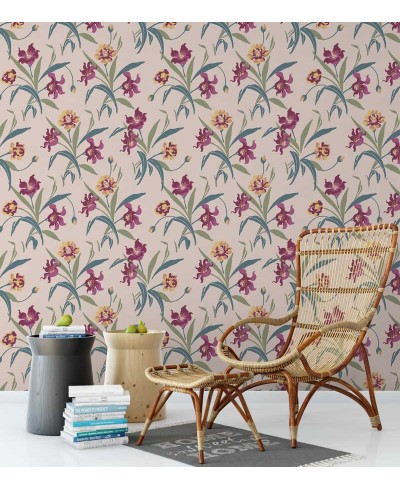 Papel de parede com flores vermelhas com detalhes em tons amarelos e bege, folhagem em verde musgo e verde oliva - Luxury 27 Papel de parede com flores vermelhas com detalhes em tons amarelos e bege, folhagem em verde musgo e verde oliva - Luxury 27