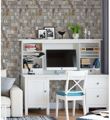 Papel de parede estilo madeira, modelo mosaico com madeira velhas em tons de cinza, marrom e bege - Madeira 06