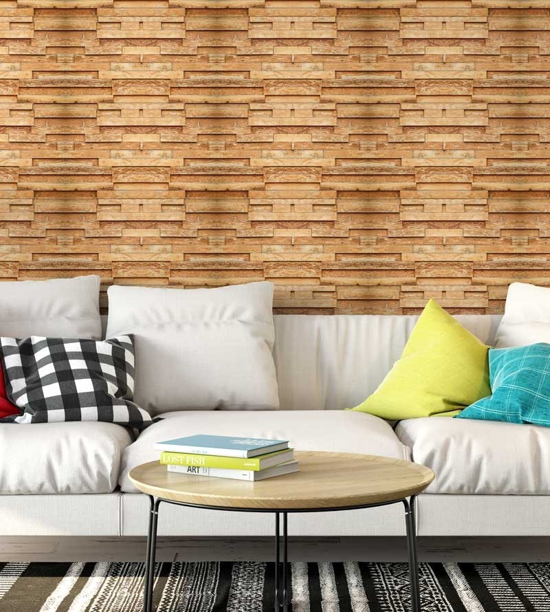 Papel de parede estilo mosaico com madeira de demolição em tons bege e marrom - Madeira 170