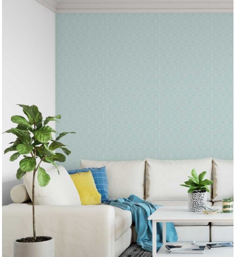 Papel de parede minimalista em cores azul claro com detalhes em verde claro e branco.