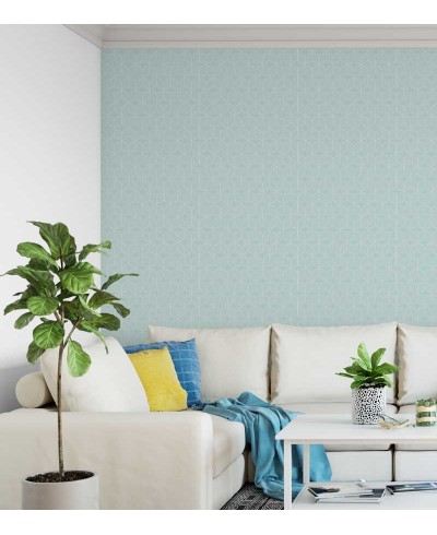 Papel de parede minimalista em cores azul claro com detalhes em verde claro e branco.