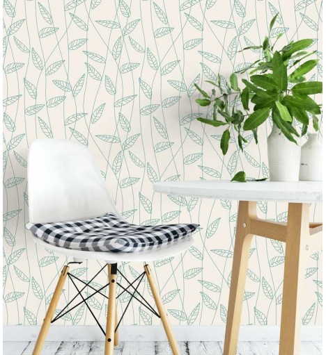 Papel de parede com fundo bege e desenhos verdes - Nature 07